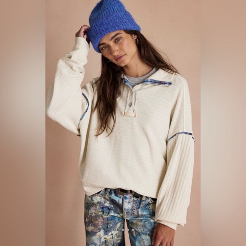 NWT Free People XS We the Free Northern Sky Henley in Tea Ivory New Shirt $98